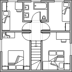 Plattegrond van de benedenverdieping met de slaapkamers en de badkamer